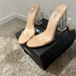 Cape Robbin Tan and Cream Heels with Clear Acrylic Stiletto